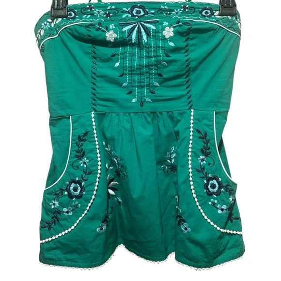 Vanessa Virginia Anthropologie Green Embroidered Strapless Y2K Boho Top Size 0 - Picture 3 of 8